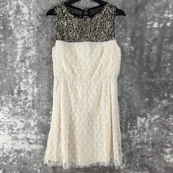 Mimi Chica Size L Floral Print Lace Sleeve Sequin Keyhole Fit Flared Mini Dress - Picture 1 of 8